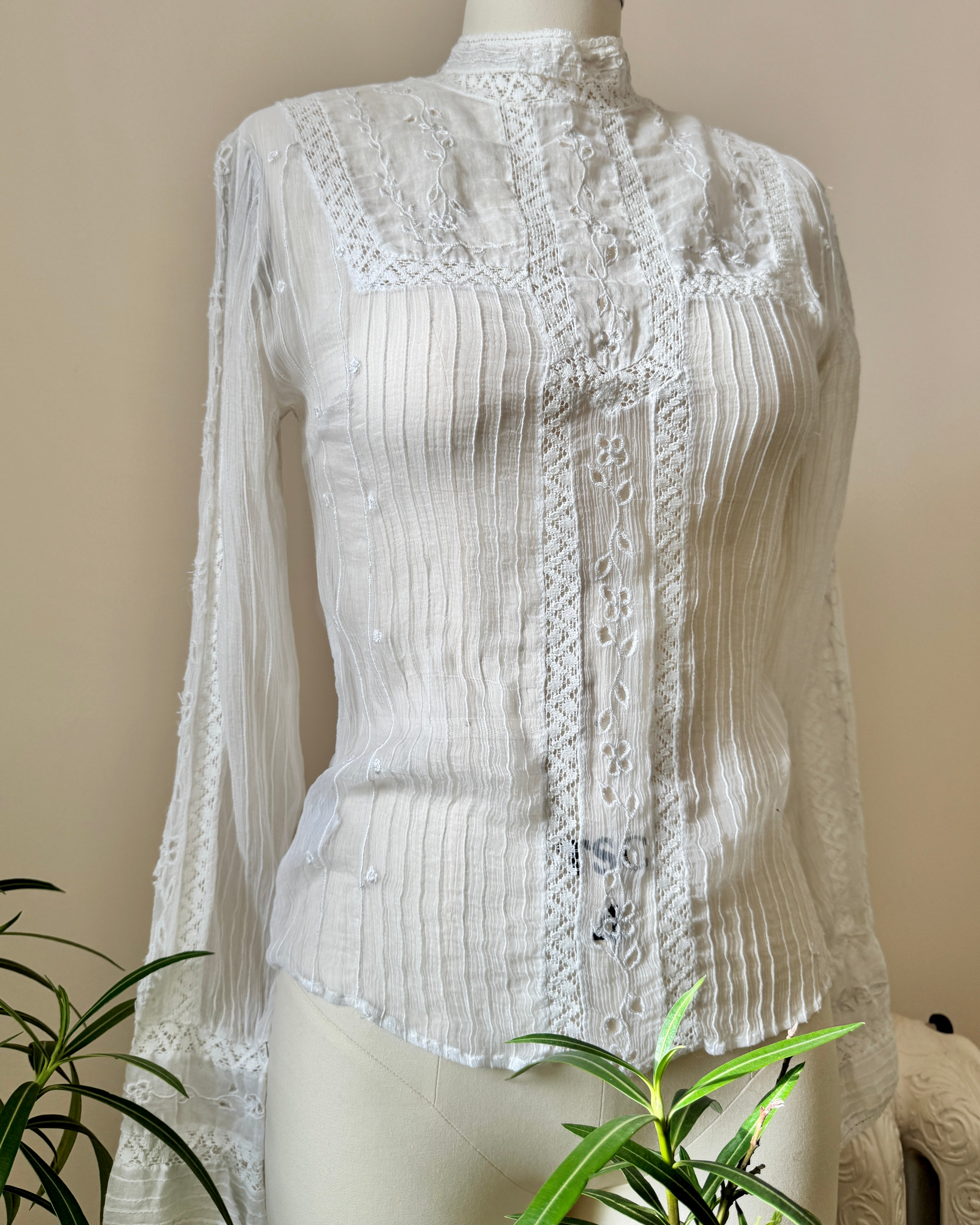 Vintage 2000s Victorian Style White Chiffon Pintuck lace and Embroidered Blouse with high Collar S M