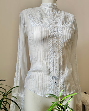 Vintage 2000s Victorian Style White Chiffon Pintuck lace and Embroidered Blouse with high Collar S M