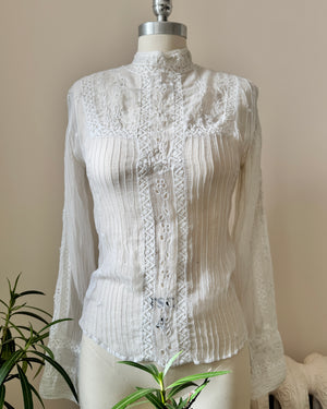 Vintage 2000s Victorian Style White Chiffon Pintuck lace and Embroidered Blouse with high Collar S M