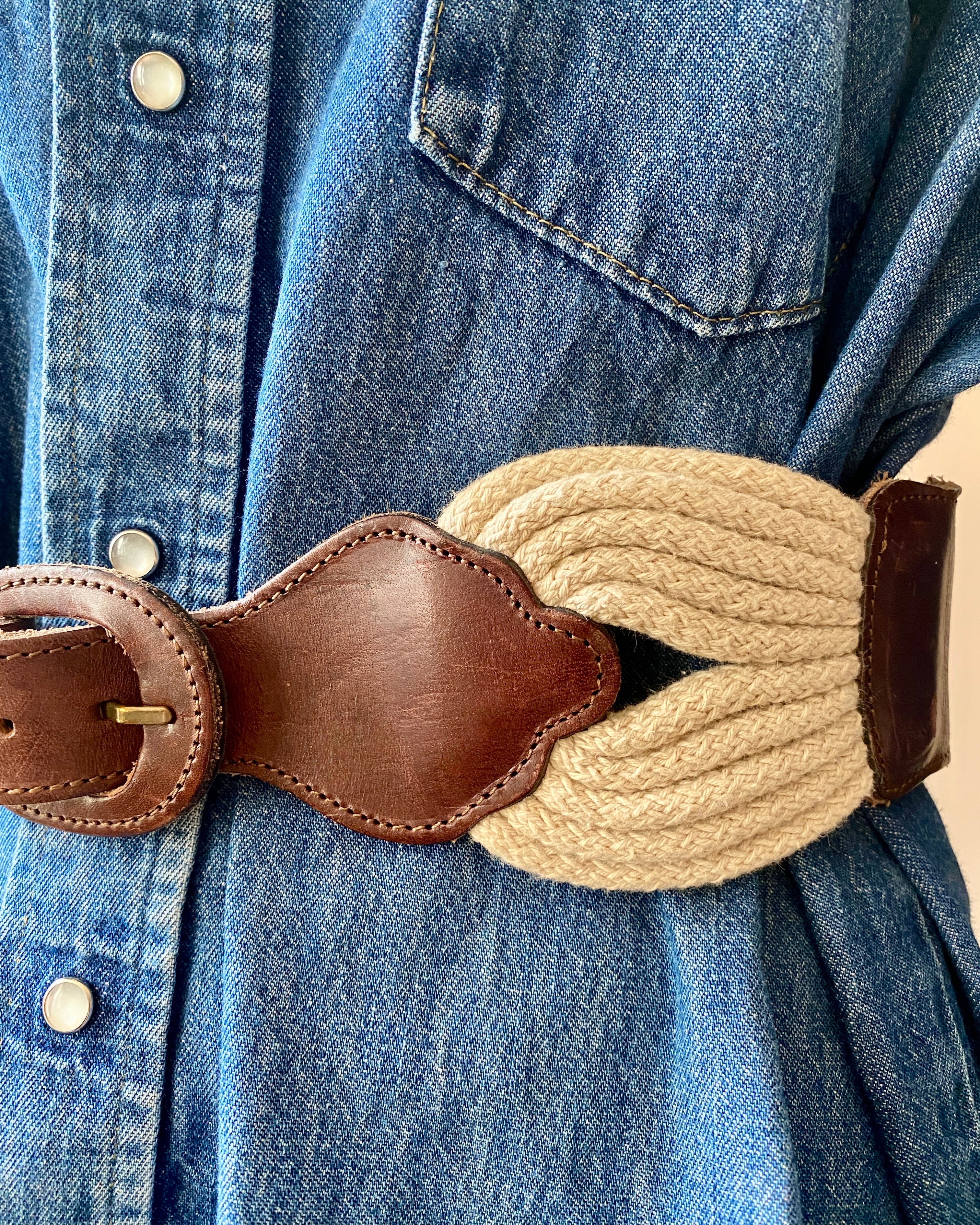 Vintage 1990s Cotton Rope Cinch Belt with Brown leather and Tan Canvas Elastic Made in France M or L