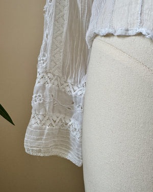 Vintage 2000s Victorian Style White Chiffon Pintuck lace and Embroidered Blouse with high Collar S M