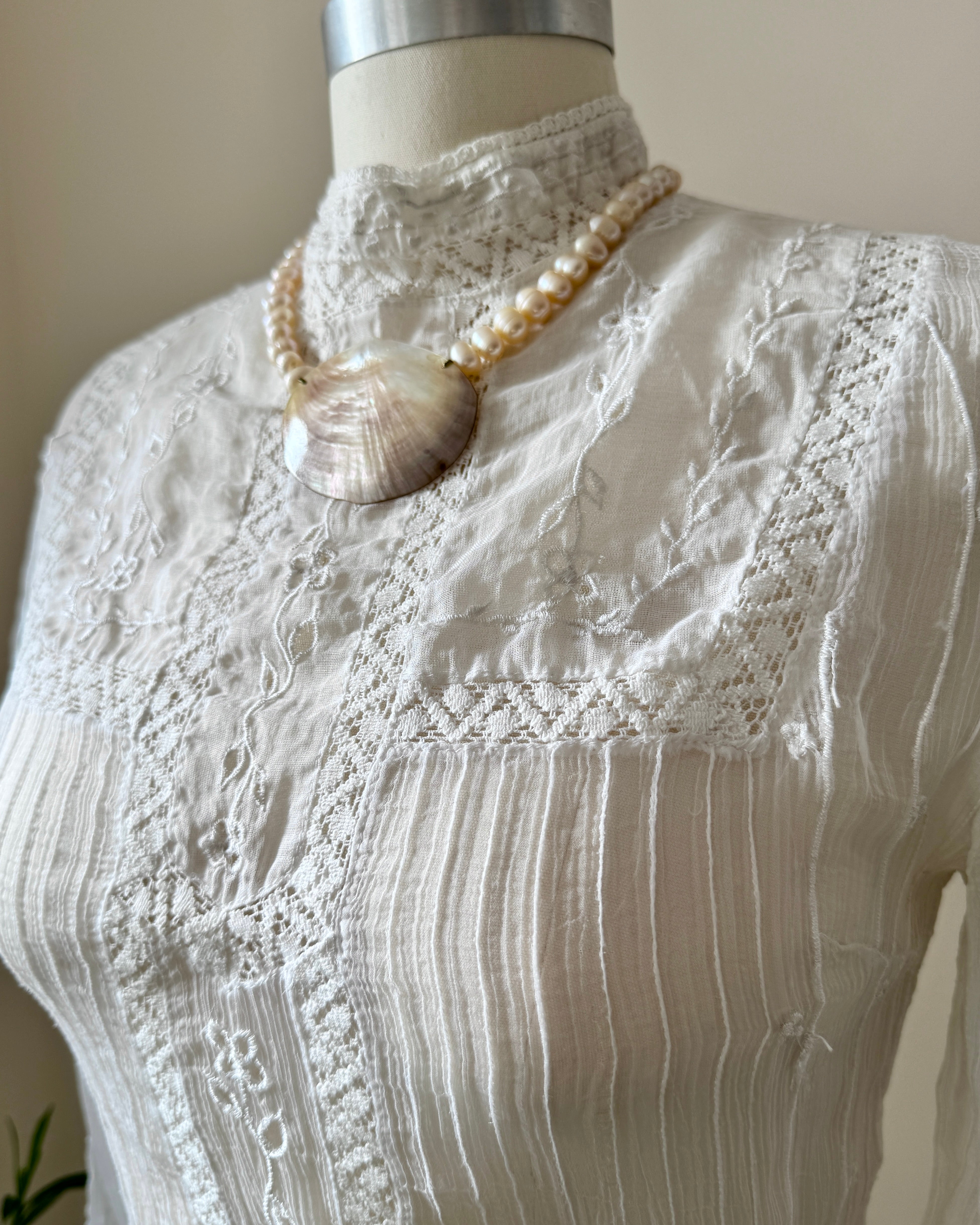Vintage 2000s Victorian Style White Chiffon Pintuck lace and Embroidered Blouse with high Collar S M