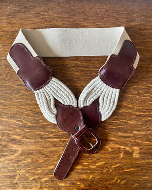 Vintage 1990s Cotton Rope Cinch Belt with Brown leather and Tan Canvas Elastic Made in France M or L