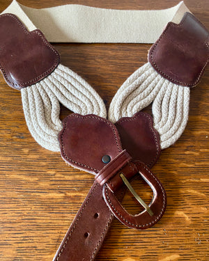 Vintage 1990s Cotton Rope Cinch Belt with Brown leather and Tan Canvas Elastic Made in France M or L