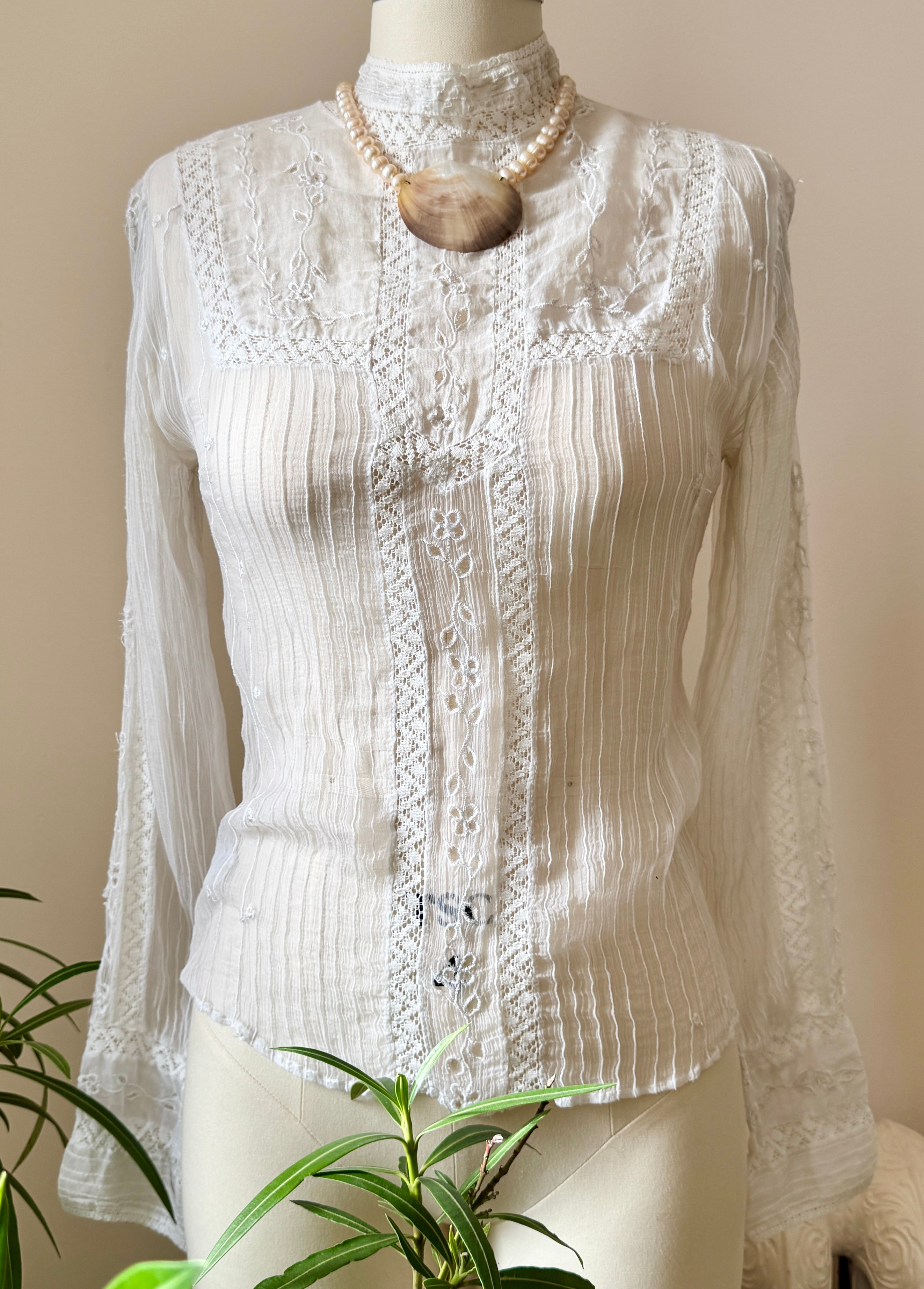 Vintage 2000s Victorian Style White Chiffon Pintuck lace and Embroidered Blouse with high Collar S M