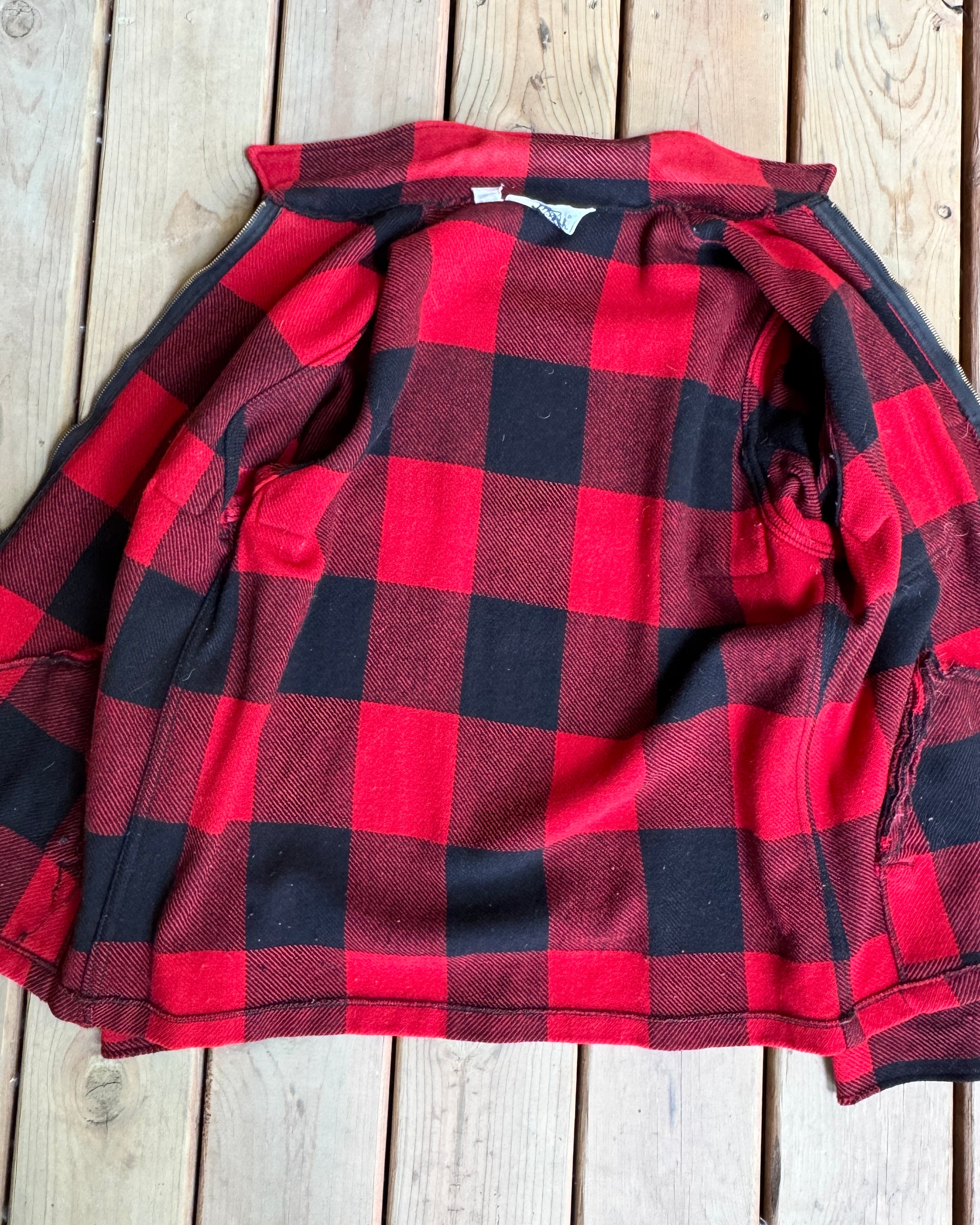 Vintage 1960s Woolrich Wool Buffalo Plaid Hunting Ideal Zipper Flap Jacket Made in USA Size L