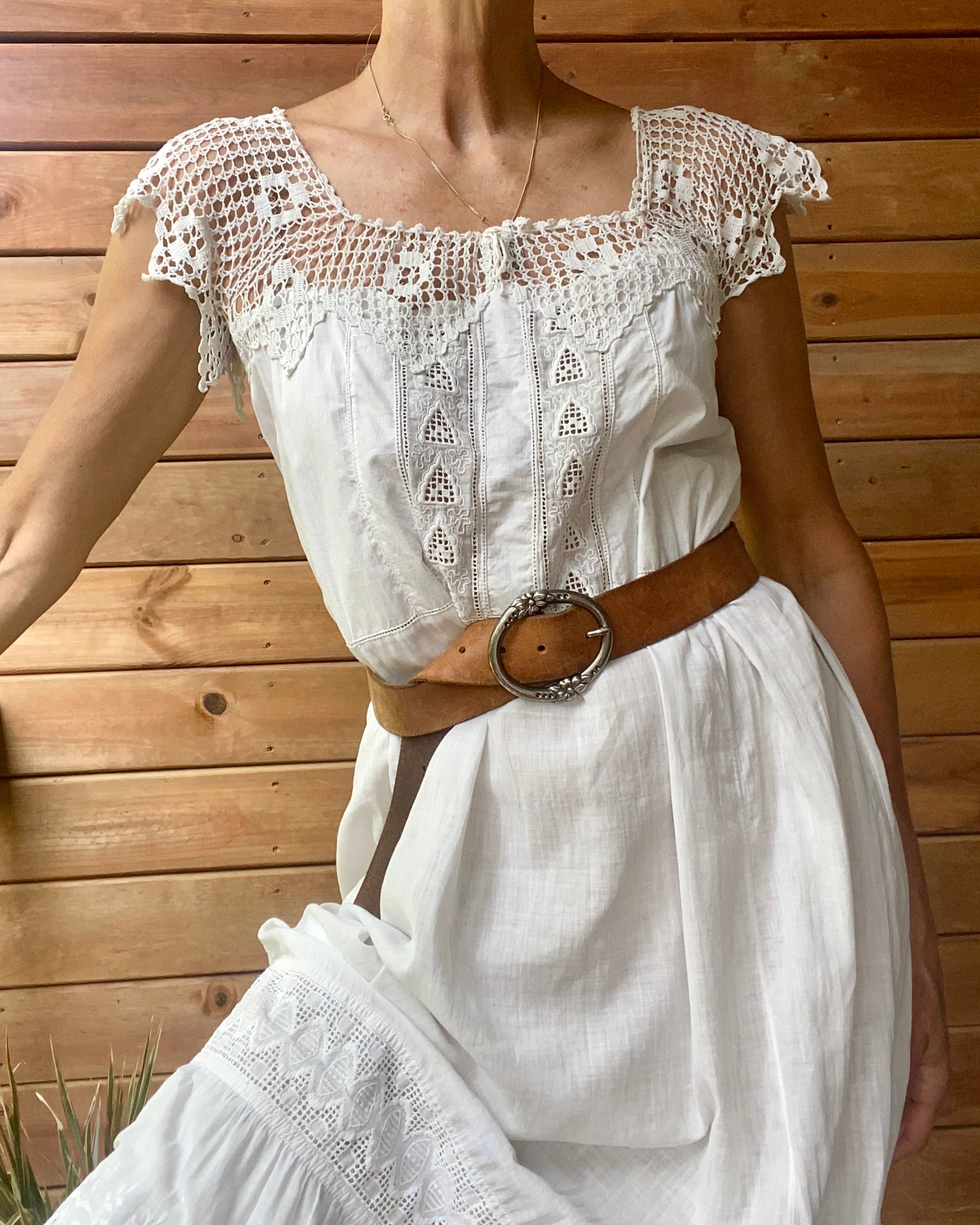 Antique Victorian White Cotton Slip Dress with Crochet Eyelet and Lace – Ardith