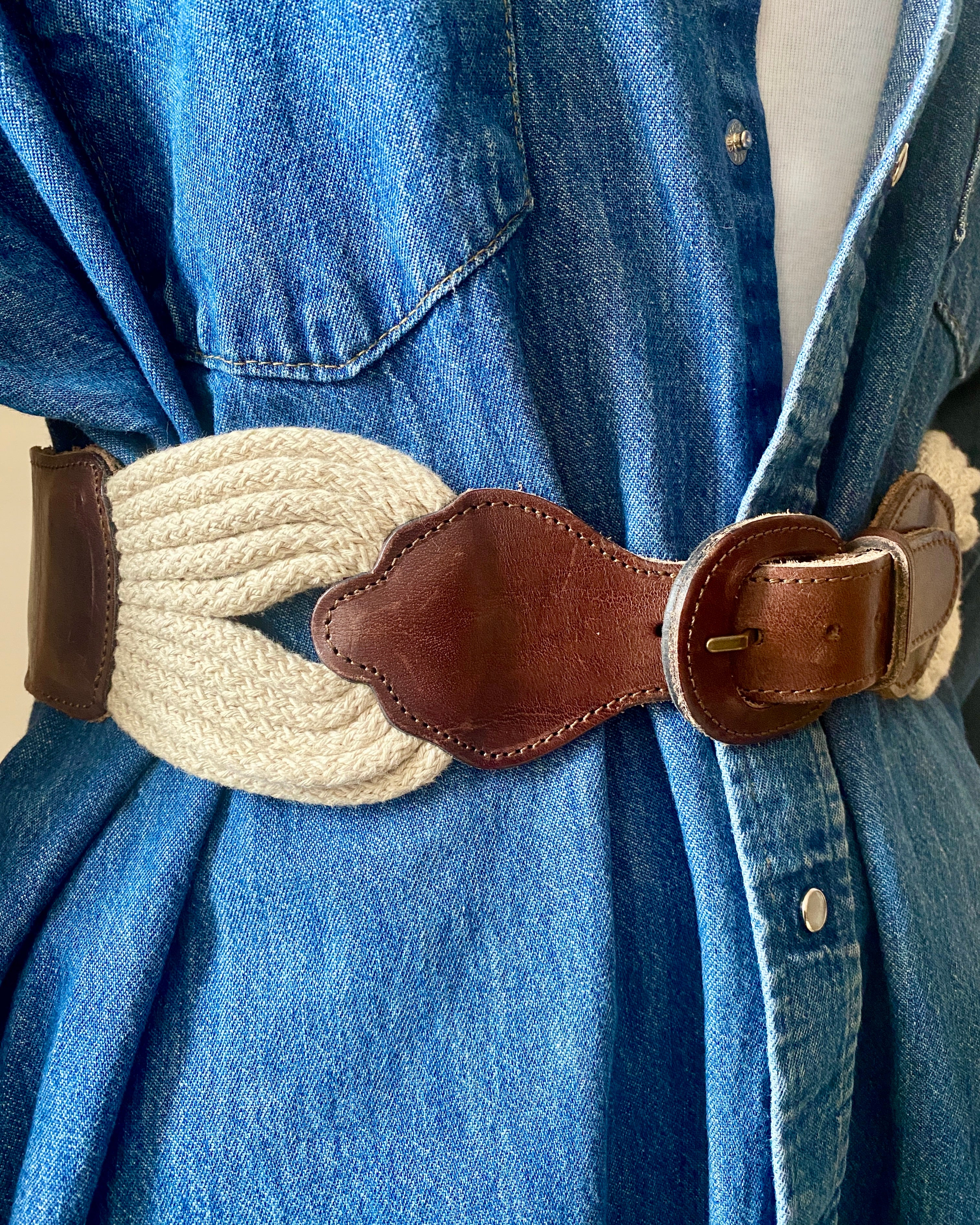 Vintage 1990s Cotton Rope Cinch Belt with Brown leather and Tan Canvas Elastic Made in France M or L