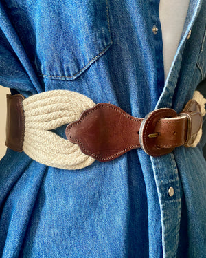 Vintage 1990s Cotton Rope Cinch Belt with Brown leather and Tan Canvas Elastic Made in France M or L