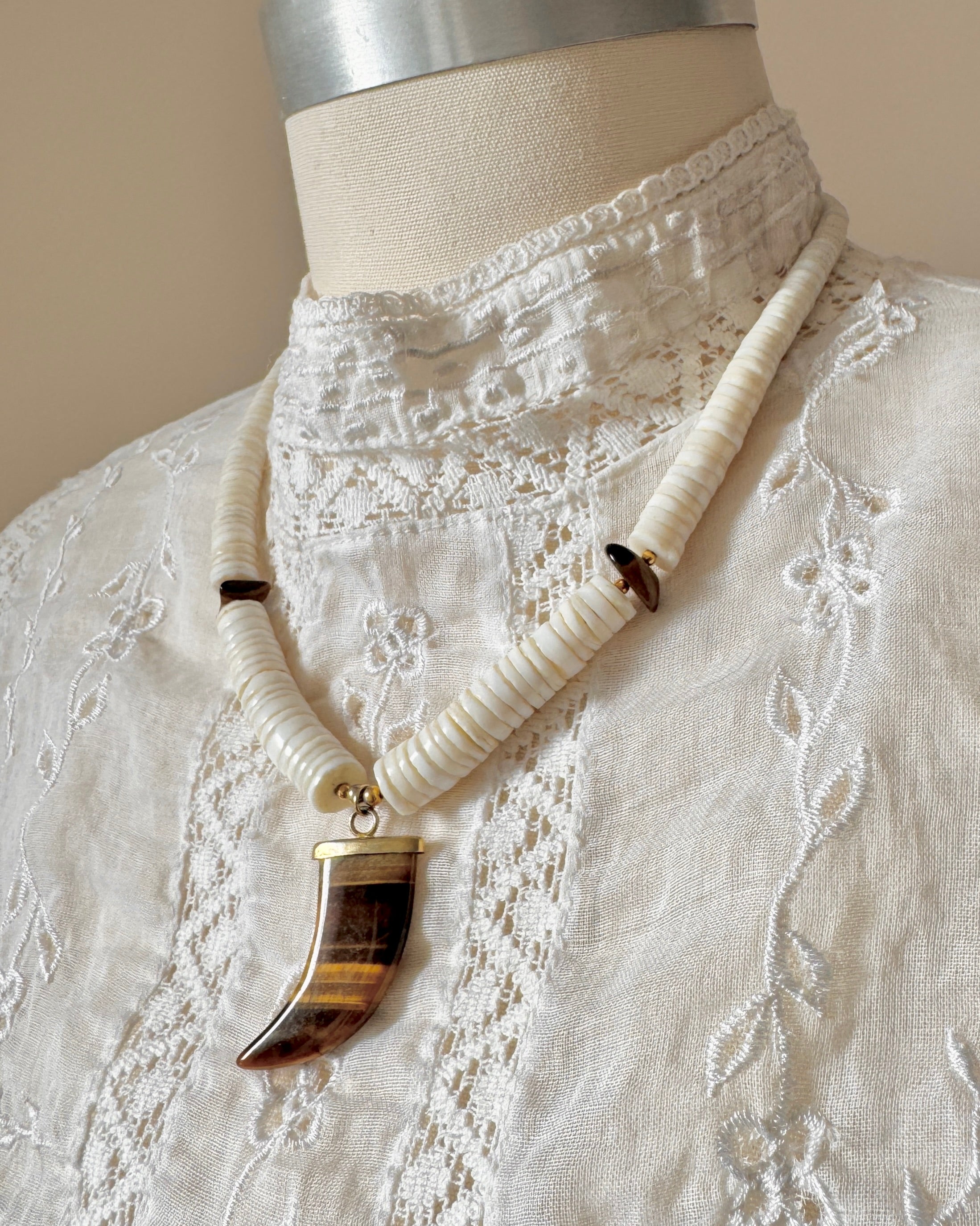 Vintage Heshi White Coral Shell and Horn Shape Tiger Eye Amulet Pendant Necklace