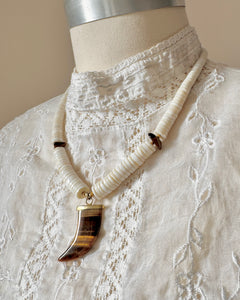 Vintage Heshi White Coral Shell and Horn Shape Tiger Eye Amulet Pendant Necklace