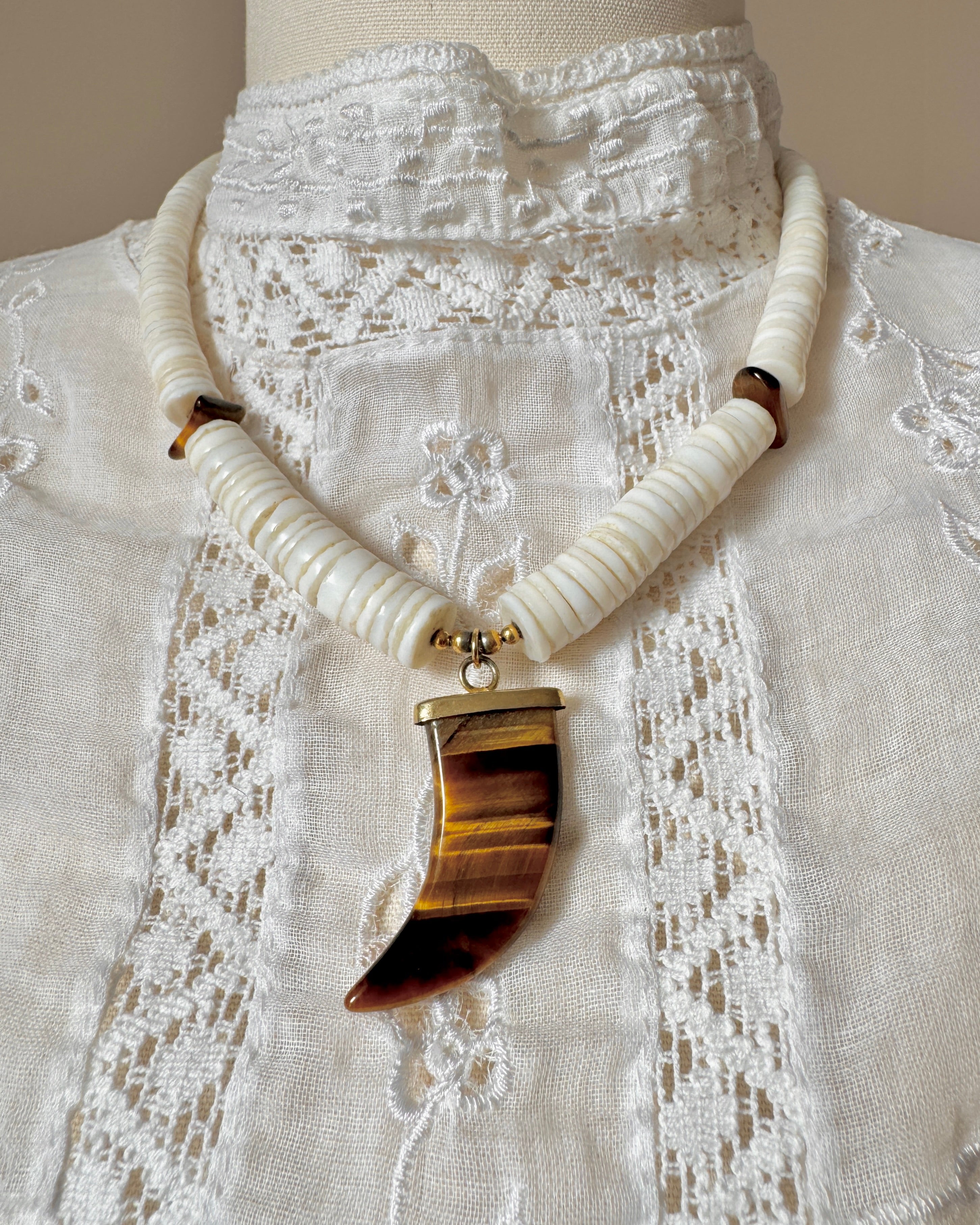 Vintage Heshi White Coral Shell and Horn Shape Tiger Eye Amulet Pendant Necklace