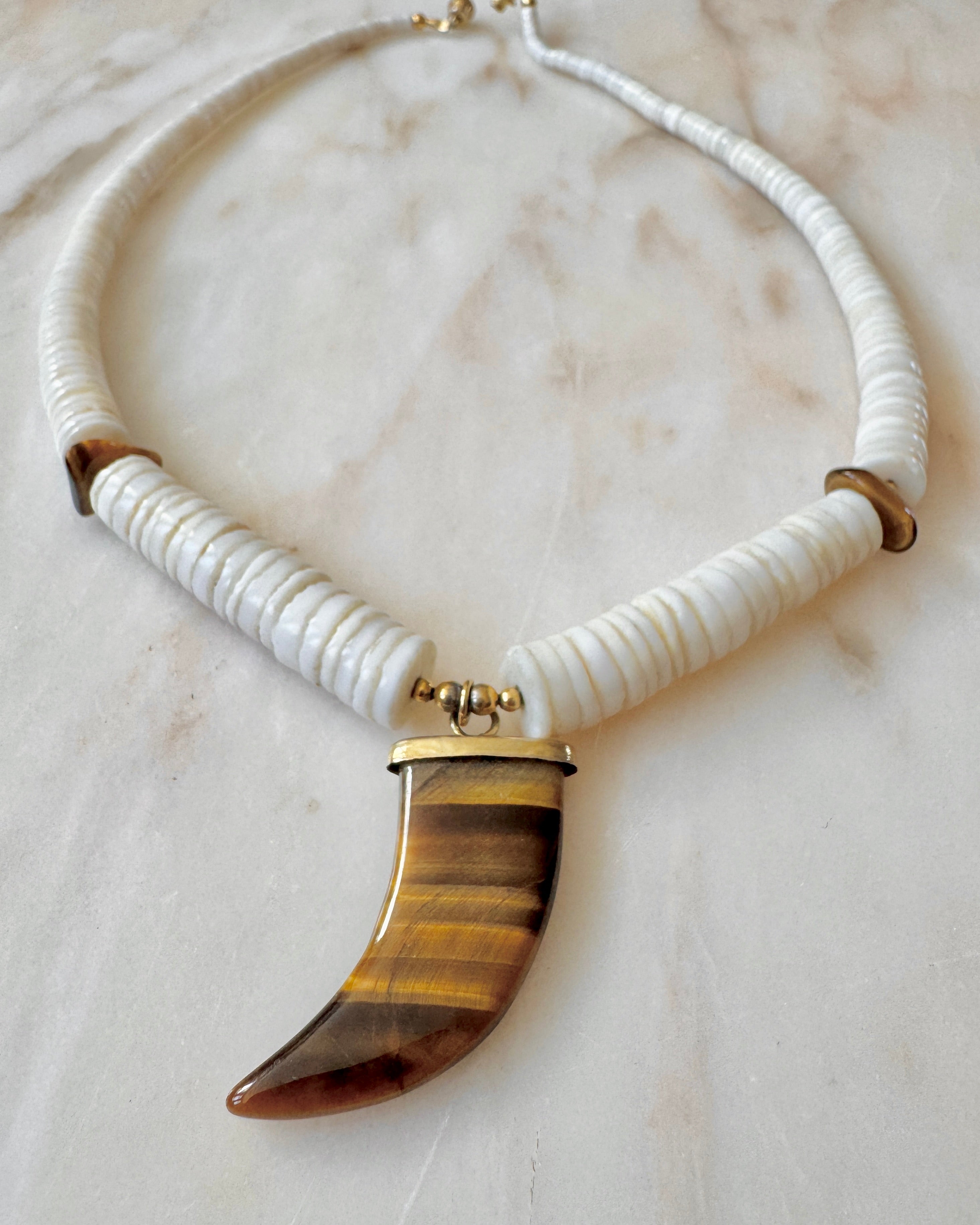 Vintage Heshi White Coral Shell and Horn Shape Tiger Eye Amulet Pendant Necklace
