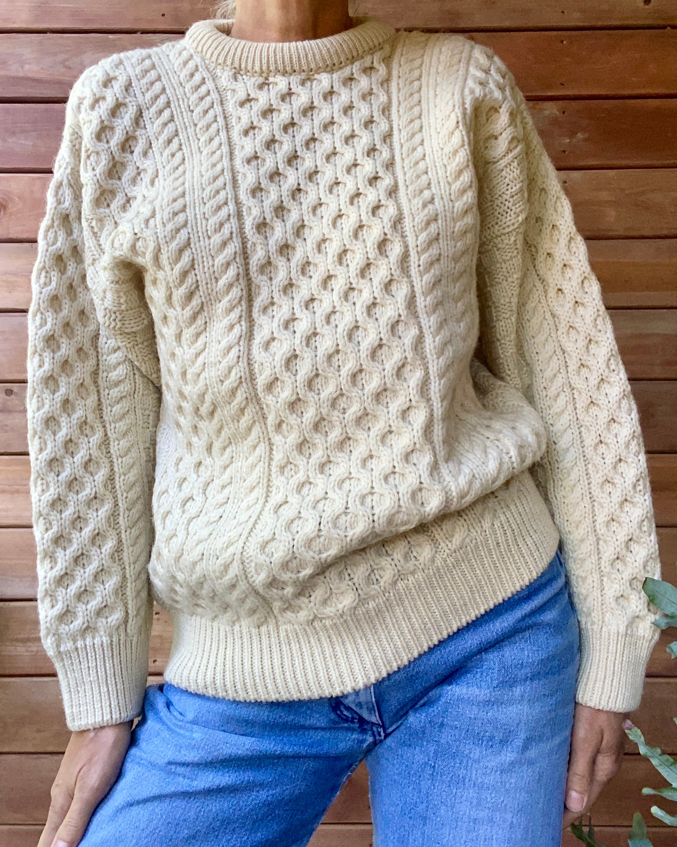 Vintage Handknit Cream Fisherman Cable Sweater M