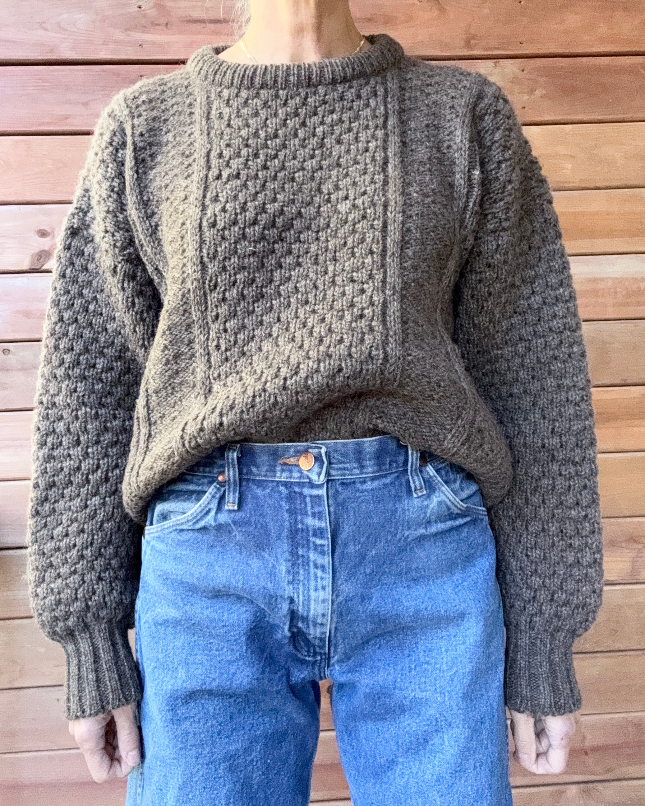 Vintage Donegal Cable Aran Fisherman Hand Knit Brown Marled / Melange Sweater Made in Ireland