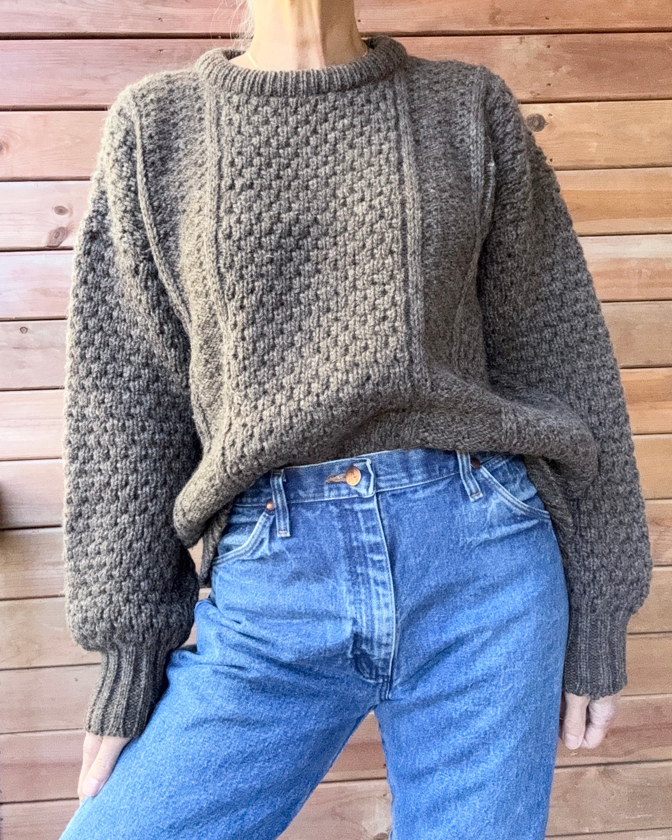 Vintage Donegal Cable Aran Fisherman Hand Knit Brown Marled / Melange Sweater Made in Ireland