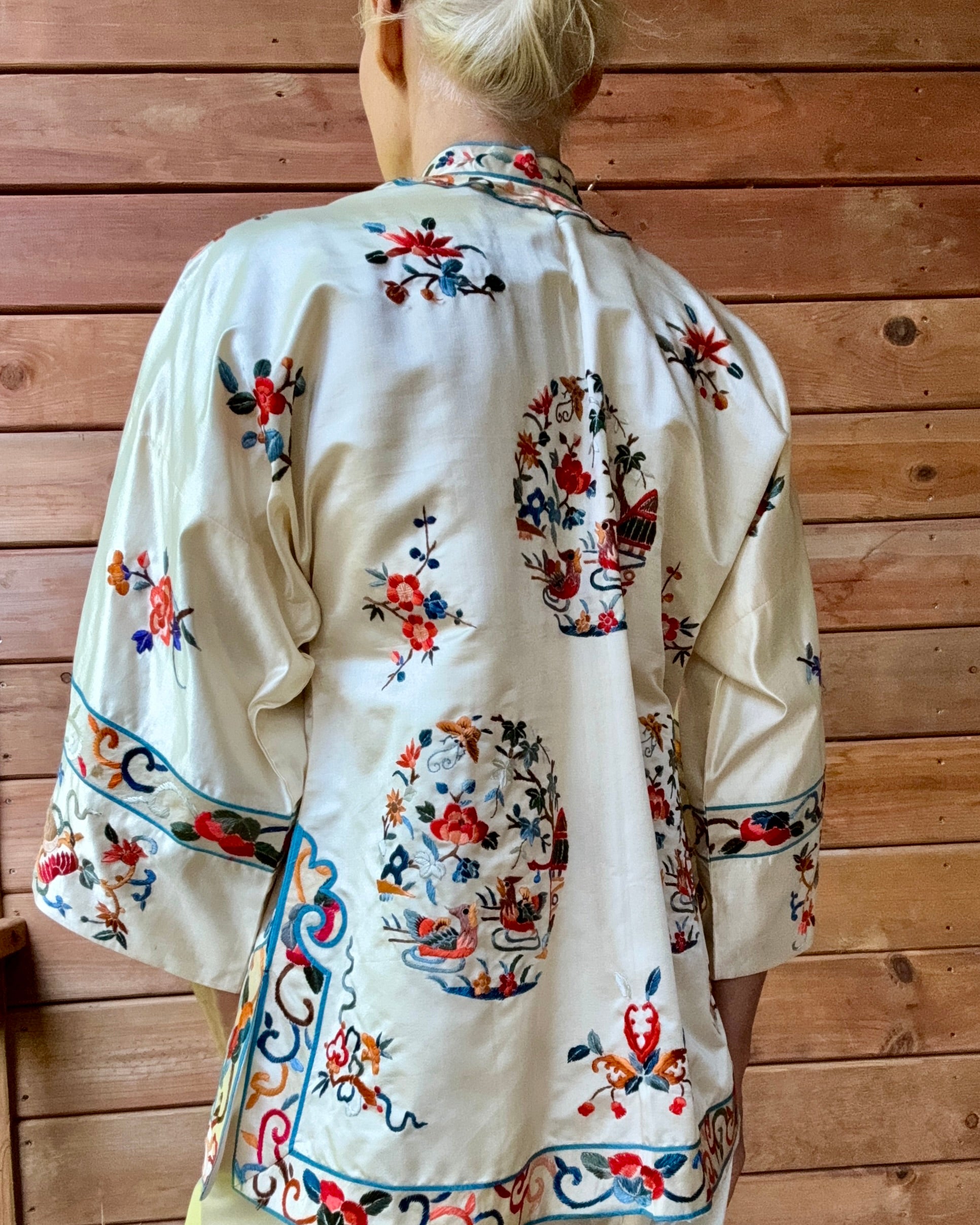 Vintage 1950s Deadstock Chinese Botanical Embroidered Ivory Silk Satin Pyjama Jacket and Pant Set S or M