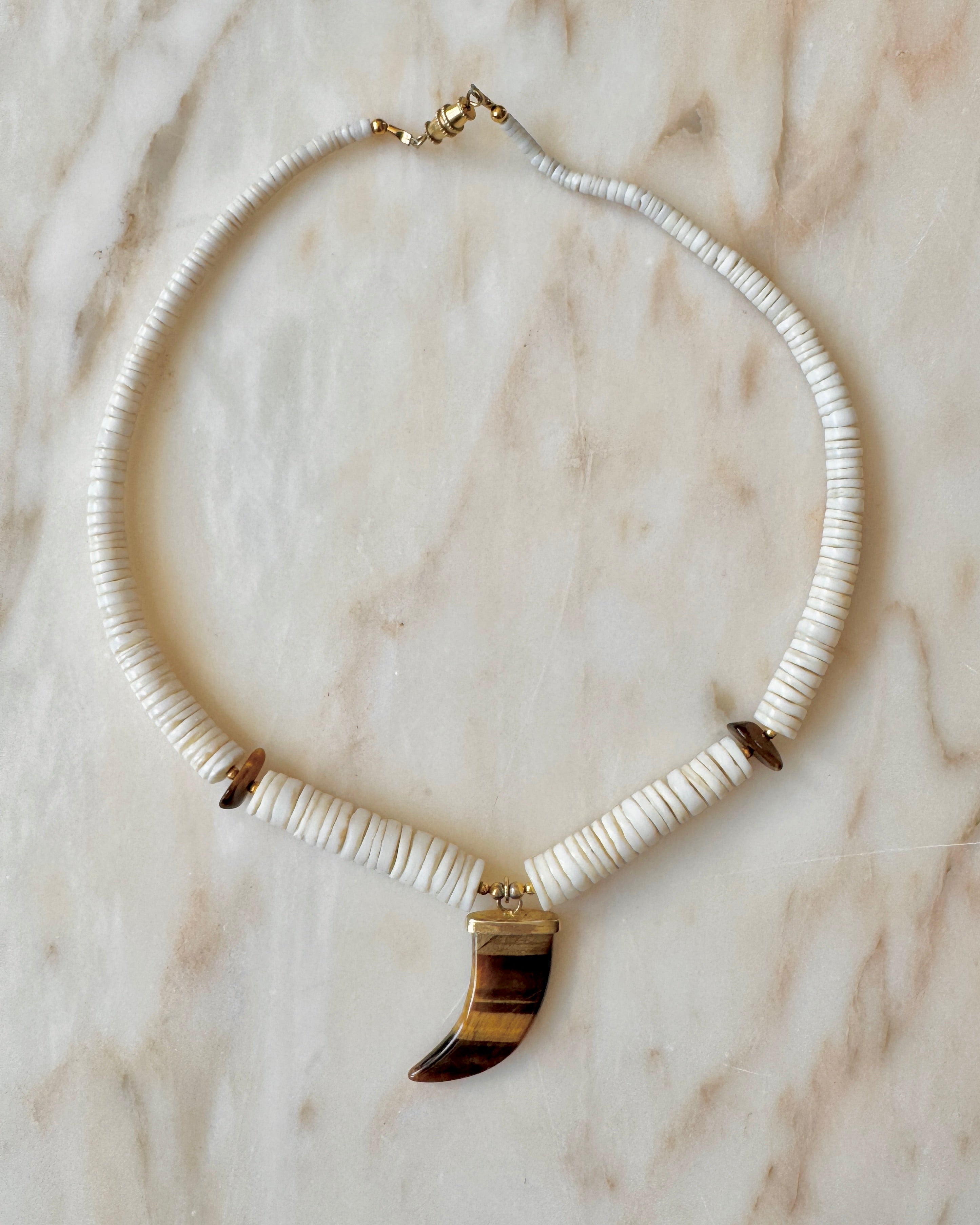 Vintage Heshi White Coral Shell and Horn Shape Tiger Eye Amulet Pendant Necklace