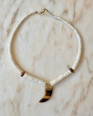Vintage Heshi White Coral Shell and Horn Shape Tiger Eye Amulet Pendant Necklace