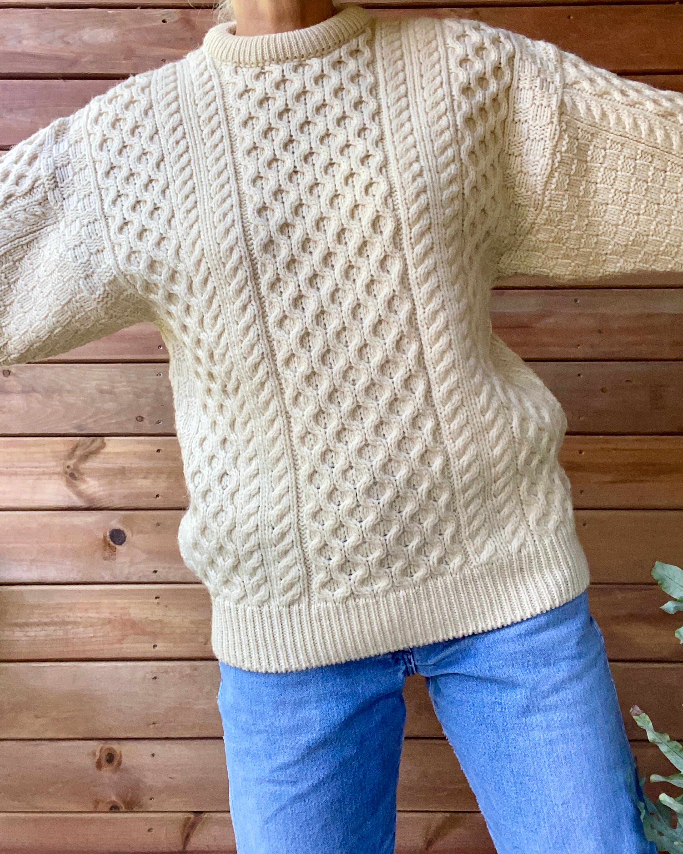 Vintage Handknit Cream Fisherman Cable Sweater M