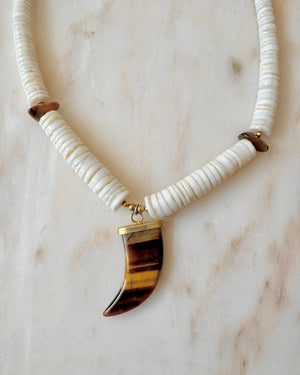 Vintage Heshi White Coral Shell and Horn Shape Tiger Eye Amulet Pendant Necklace