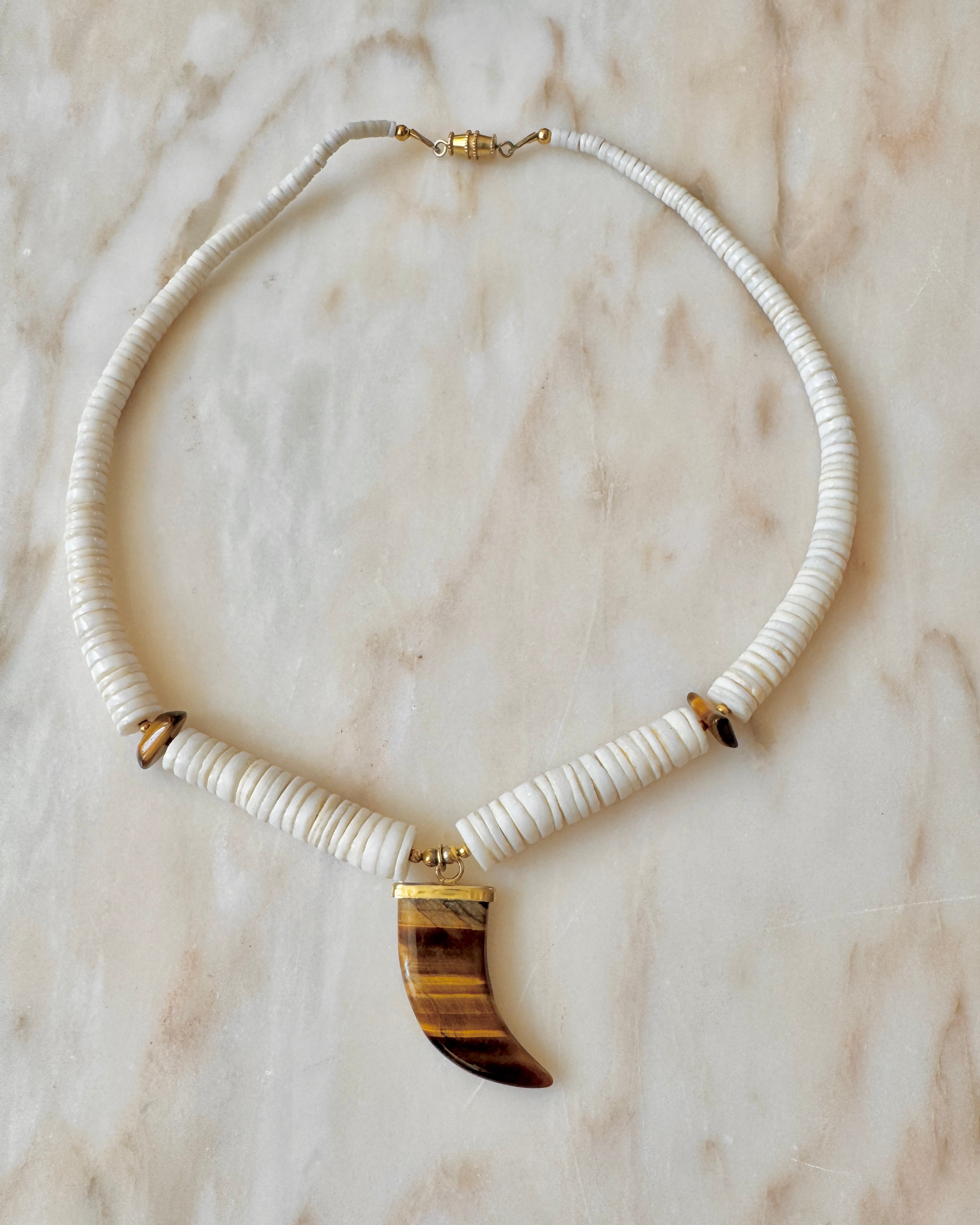 Vintage Heshi White Coral Shell and Horn Shape Tiger Eye Amulet Pendant Necklace