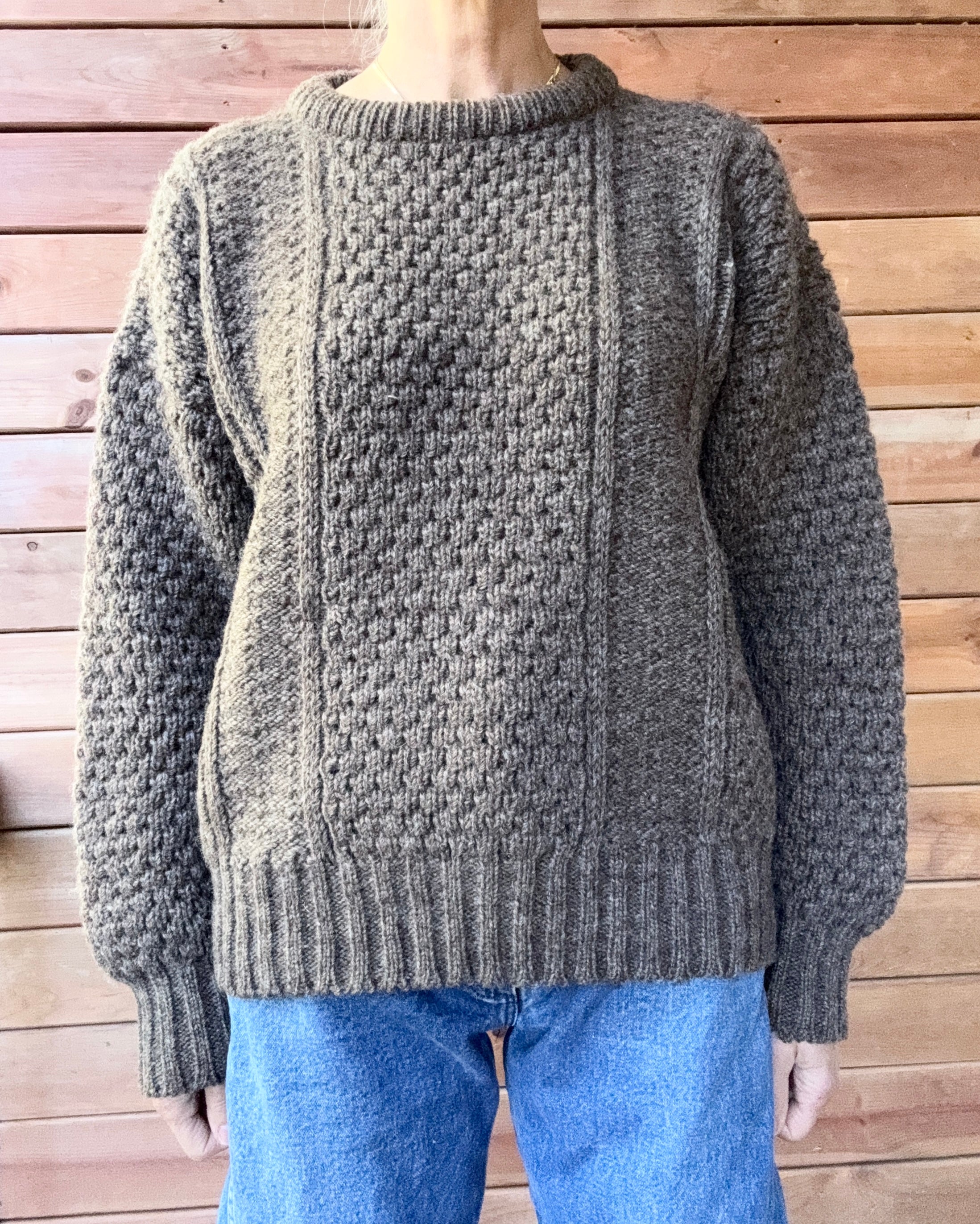 Vintage Donegal Cable Aran Fisherman Hand Knit Brown Marled / Melange Sweater Made in Ireland