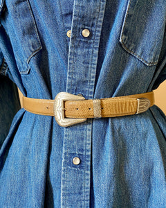 Vintage 1990s Morris Moskowitz Lizard Beige Belt with Engraved Western Buckle Womens M