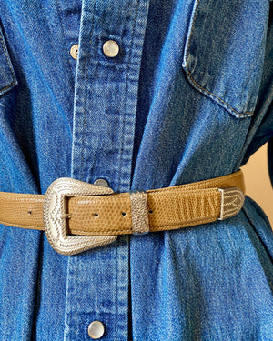 Vintage 1990s Morris Moskowitz Lizard Beige Belt with Engraved Western Buckle Womens M
