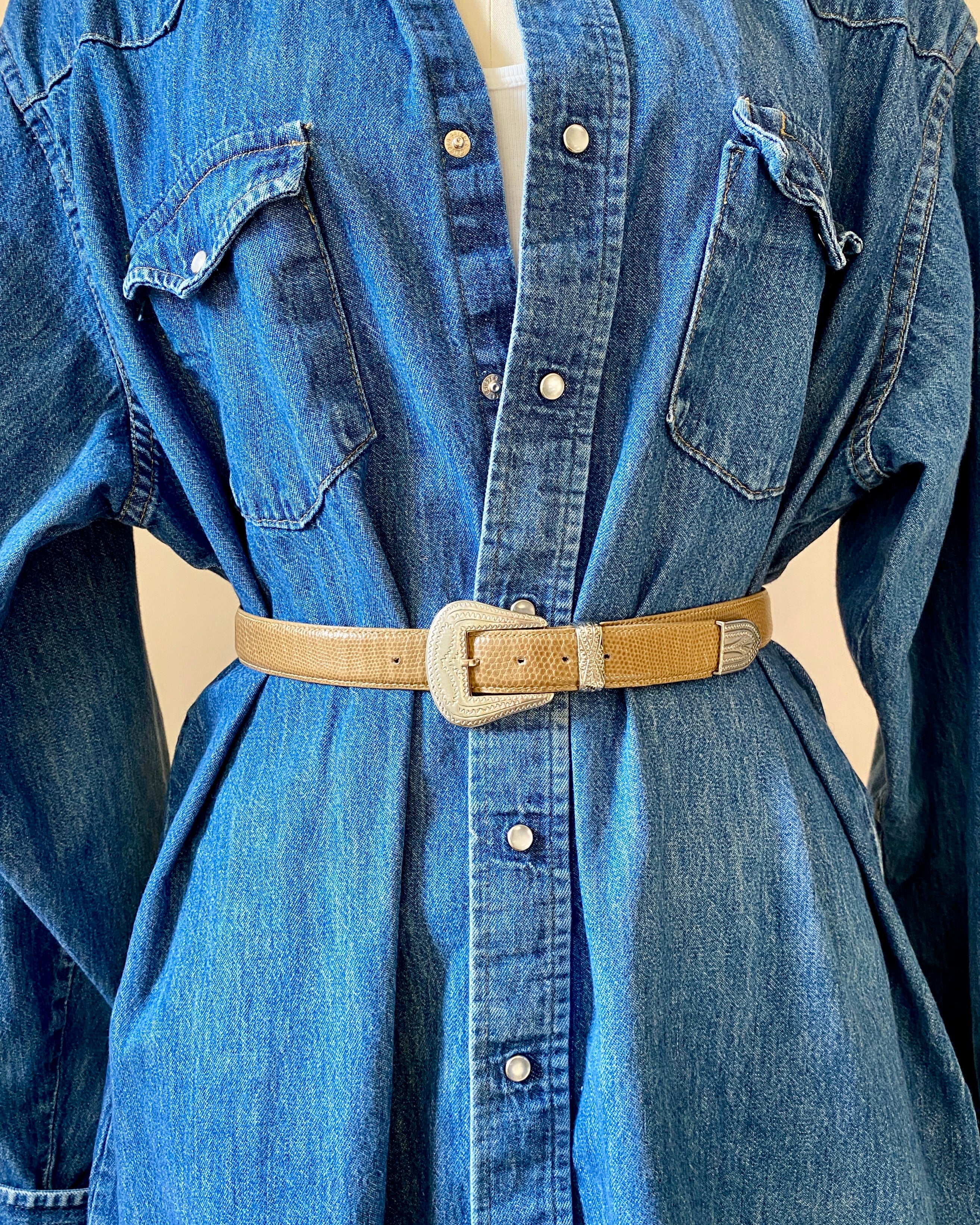 Vintage 1990s Morris Moskowitz Lizard Beige Belt with Engraved Western Buckle Womens M