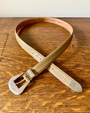 Vintage 1990s Morris Moskowitz Lizard Beige Belt with Engraved Western Buckle Womens M