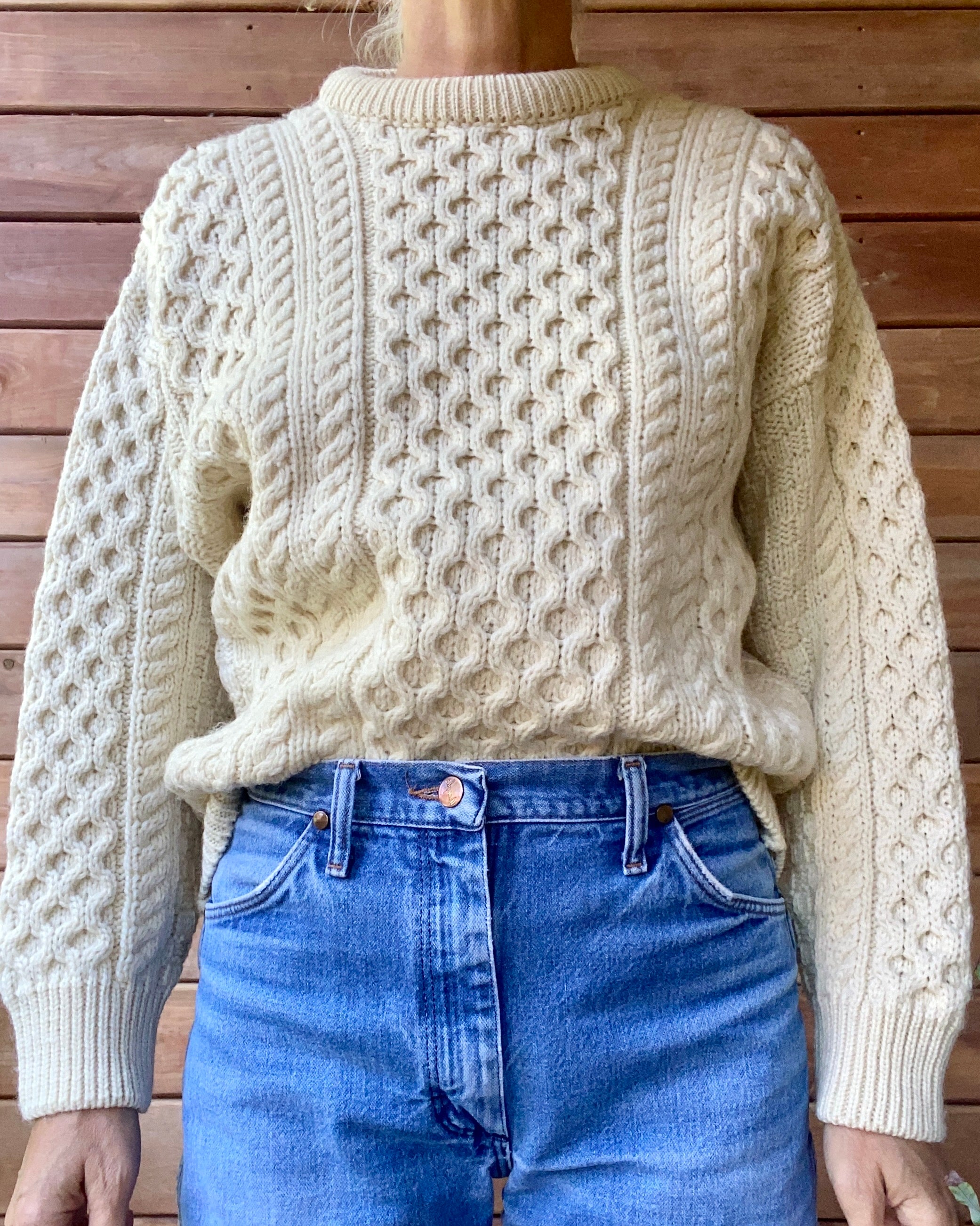 Vintage Handknit Cream Fisherman Cable Sweater M