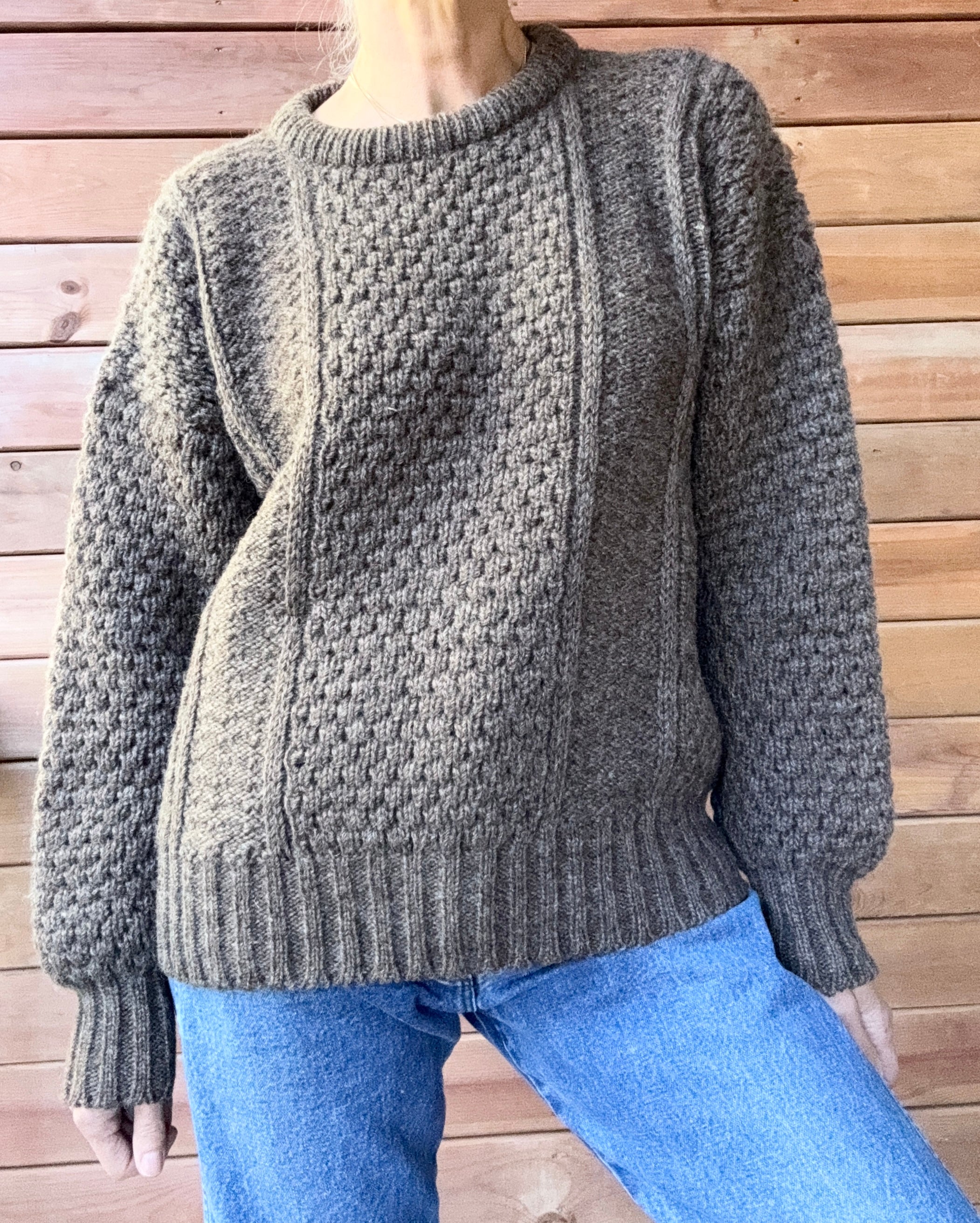 Vintage Donegal Cable Aran Fisherman Hand Knit Brown Marled / Melange Sweater Made in Ireland