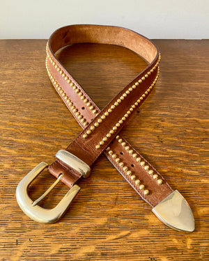 Vintage 1990s Tan Leather Gold Tone Studded Belt M