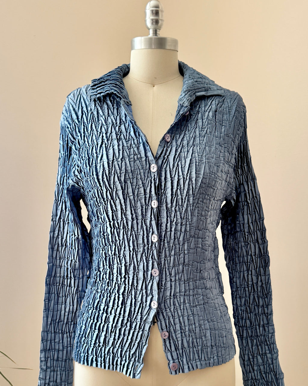 Vintage 1990s Satin Blue Pleated Crinkle Plisse Blouse Shirt Cardigan with Buttons Size S or M Made in France