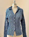 Vintage 1990s Satin Blue Pleated Crinkle Plisse Blouse Shirt Cardigan with Buttons Size S or M Made in France