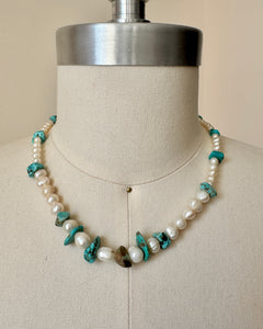 Vintage Baroque Freshwater Pearl beaded with Turquoise Necklace Choker