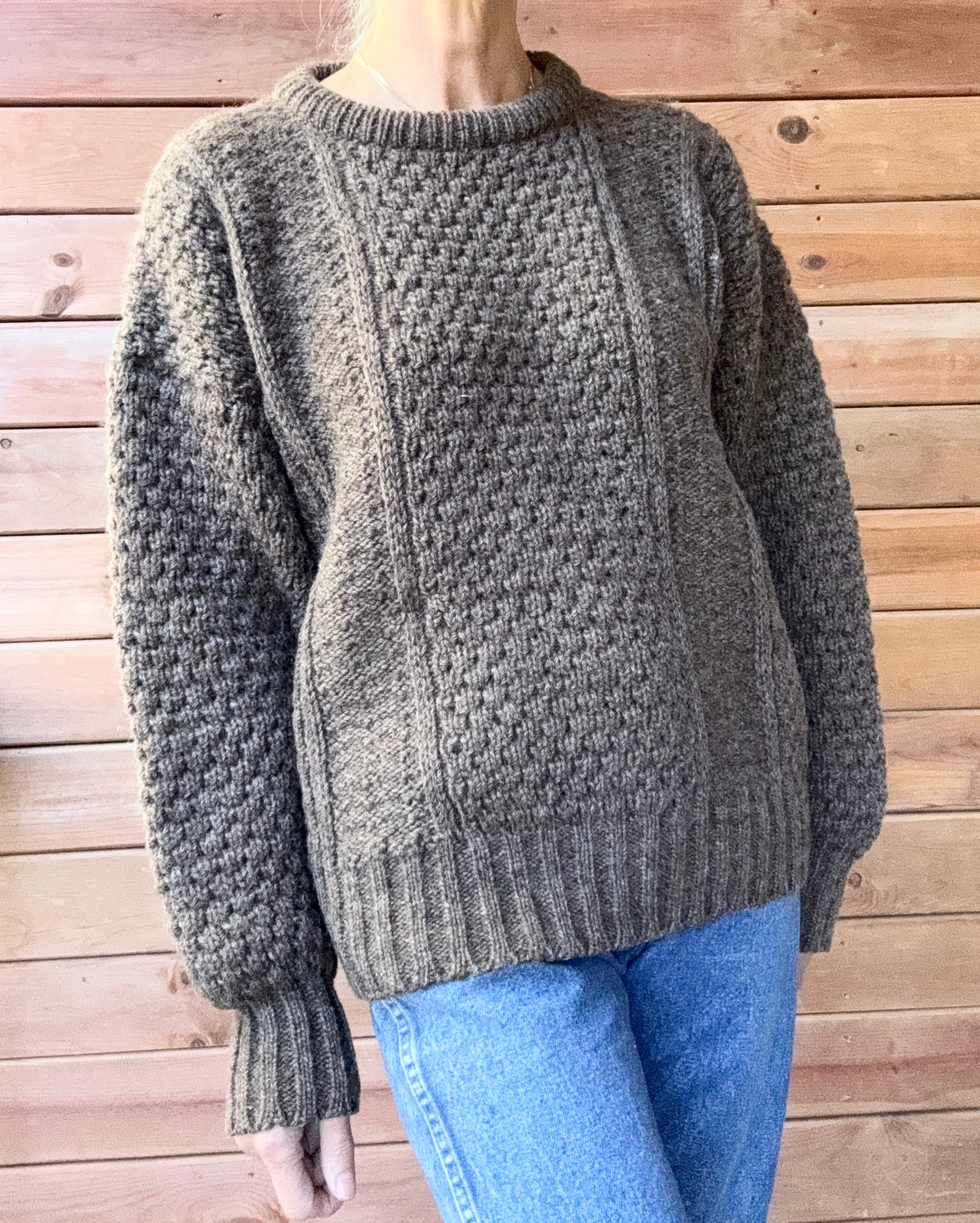 Vintage Donegal Cable Aran Fisherman Hand Knit Brown Marled / Melange Sweater Made in Ireland