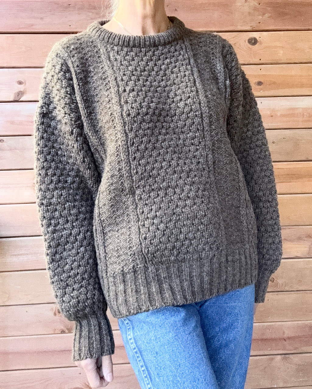 Vintage Donegal Cable Aran Fisherman Hand Knit Brown Marled / Melange Sweater Made in Ireland