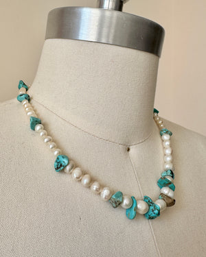 Vintage Baroque Freshwater Pearl beaded with Turquoise Necklace Choker
