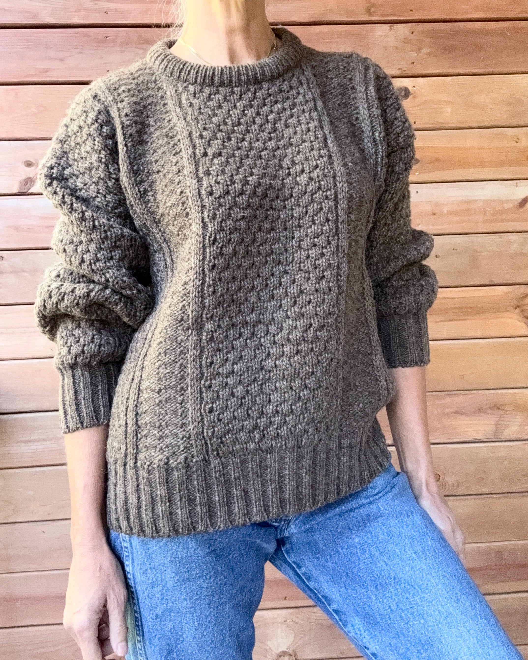 Vintage Donegal Cable Aran Fisherman Hand Knit Brown Marled / Melange Sweater Made in Ireland