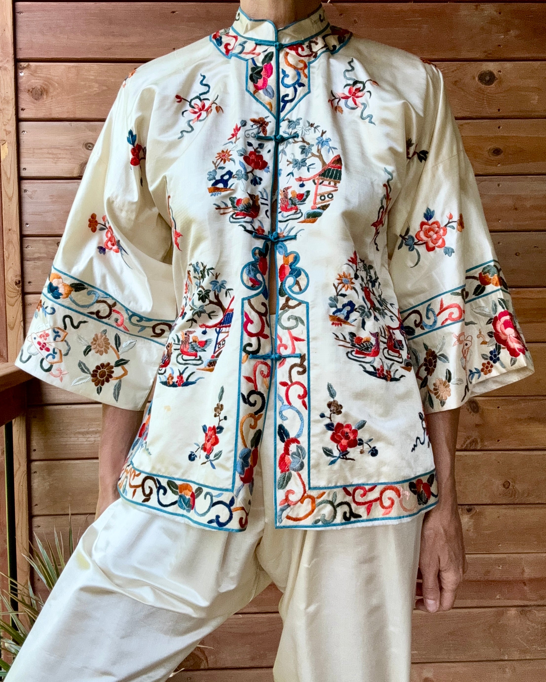 Vintage 1950s Deadstock Chinese Botanical Embroidered Ivory Silk Satin Pyjama Jacket and Pant Set S or M