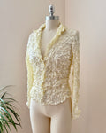Vintage 1990s Satin Cream Pleated Crinkle Pucker Blouse Shirt Cardigan with Buttons Size XS or S