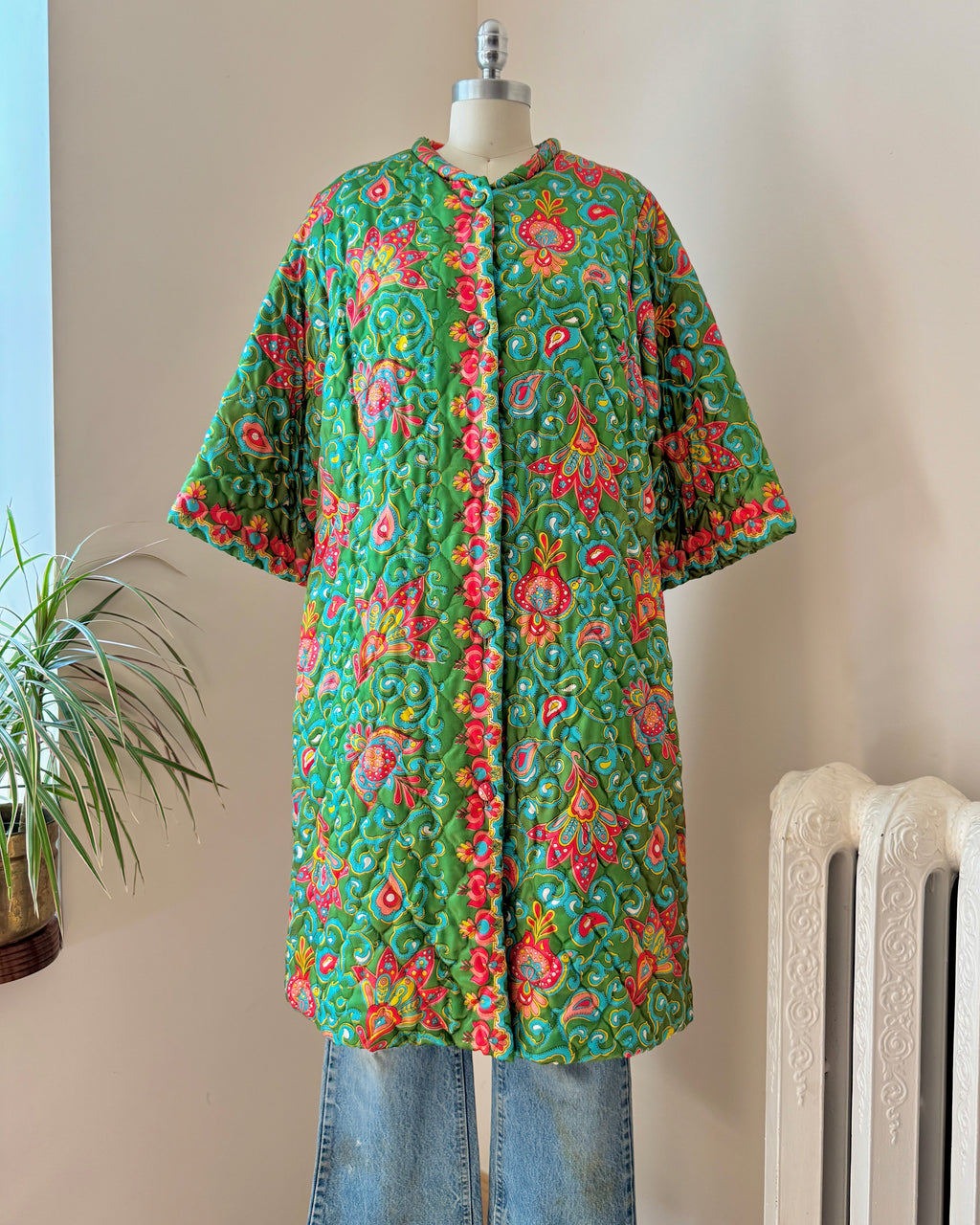 Vintage 1960s Norman for at Home Wear Satin Paisley Floral Green Quilted Bed Jacket Coat Size 4/6 SM Made in USA