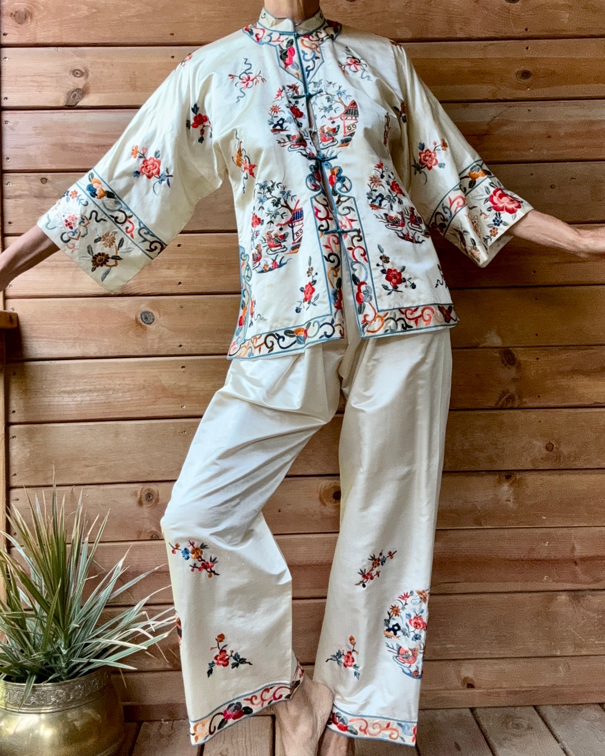 Vintage 1950s Deadstock Chinese Botanical Embroidered Ivory Silk Satin Pyjama Jacket and Pant Set S or M