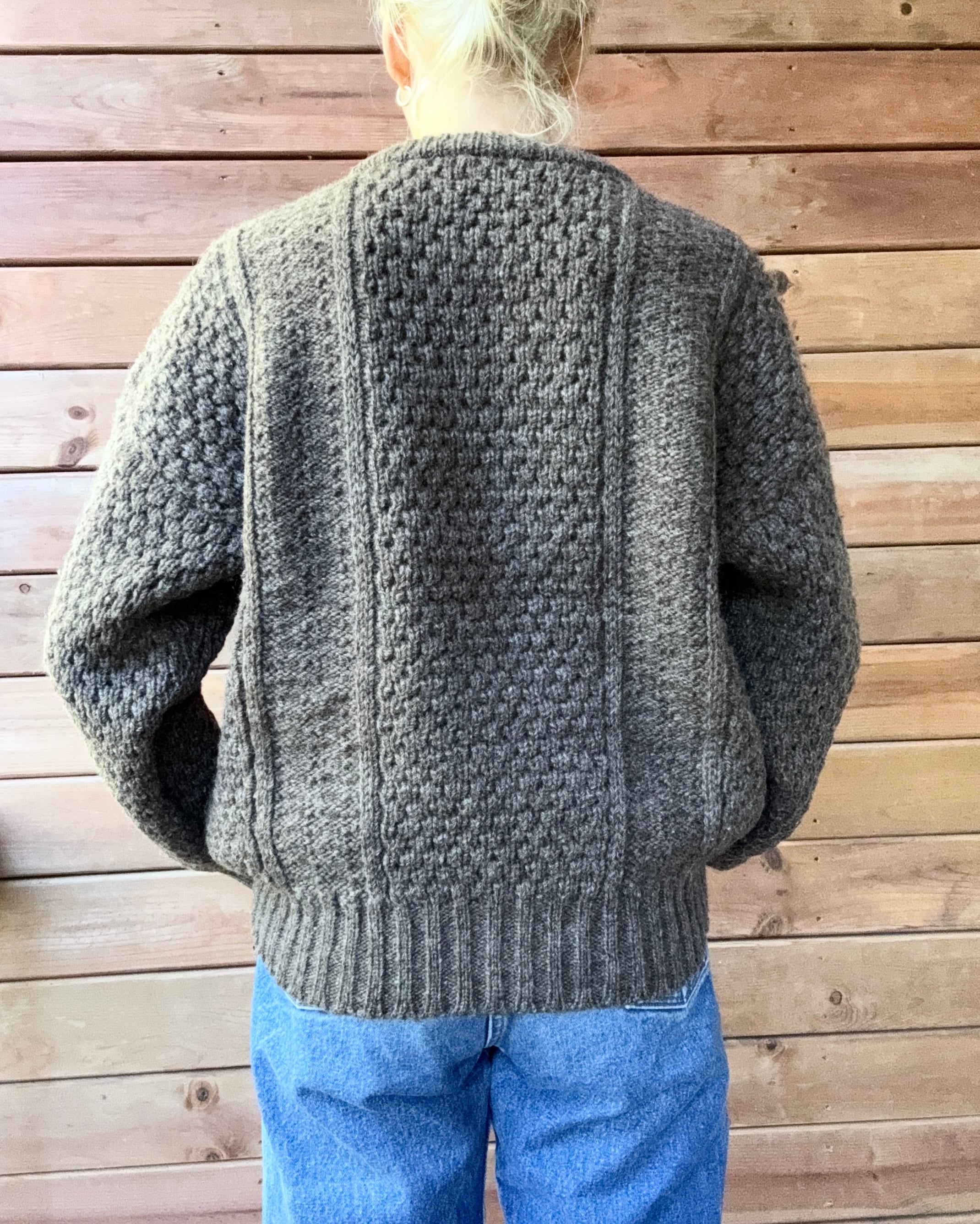 Vintage Donegal Cable Aran Fisherman Hand Knit Brown Marled / Melange Sweater Made in Ireland