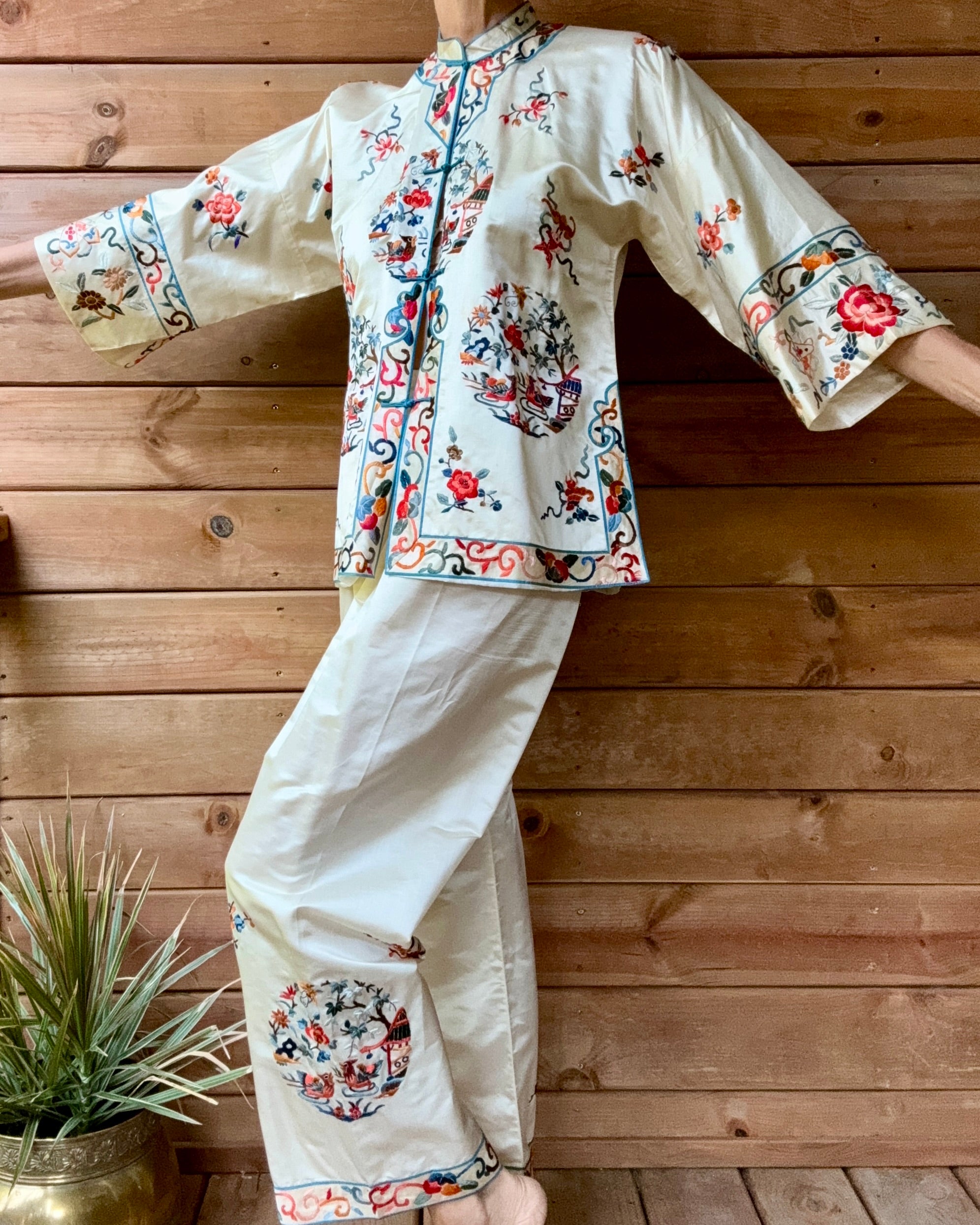 Vintage 1950s Deadstock Chinese Botanical Embroidered Ivory Silk Satin Pyjama Jacket and Pant Set S or M