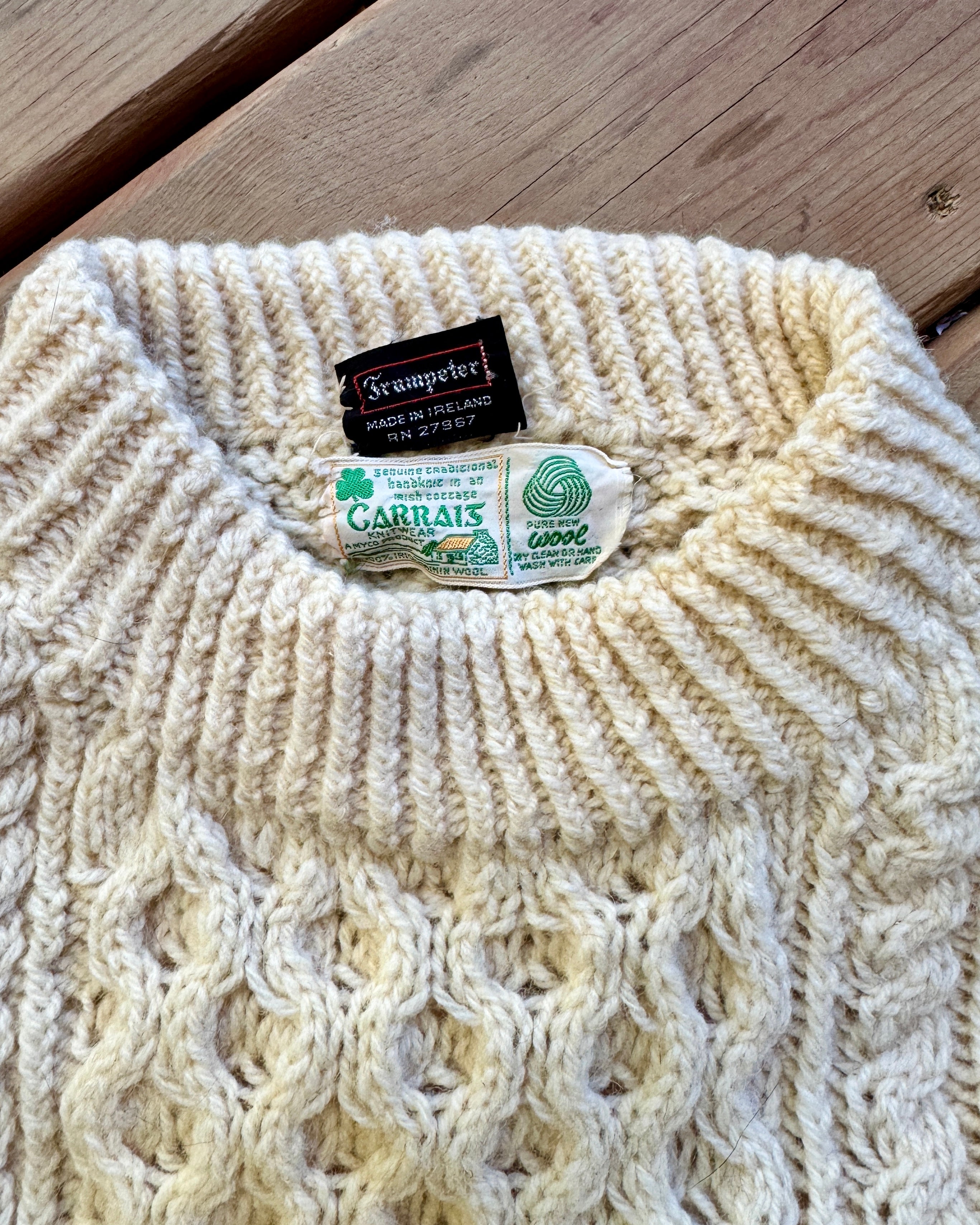 Vintage Carrais Cream Cable Hand Knit Fisherman Sweater Made in Ireland