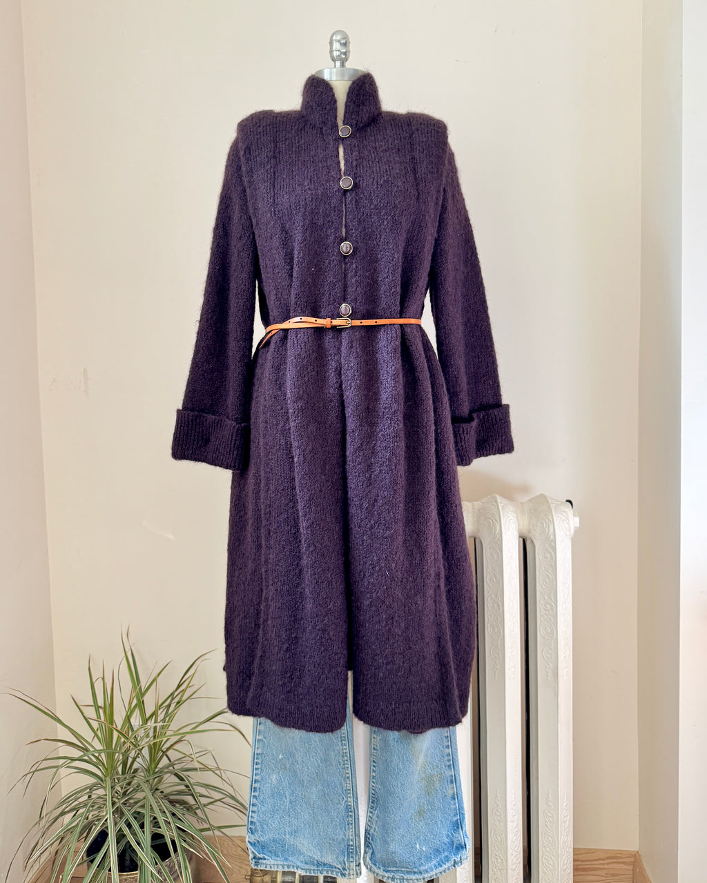VINTAGE 70s Knit Antonella Ore Mohair Wool Plum Sweater Cardigan Coat Made in Italy
