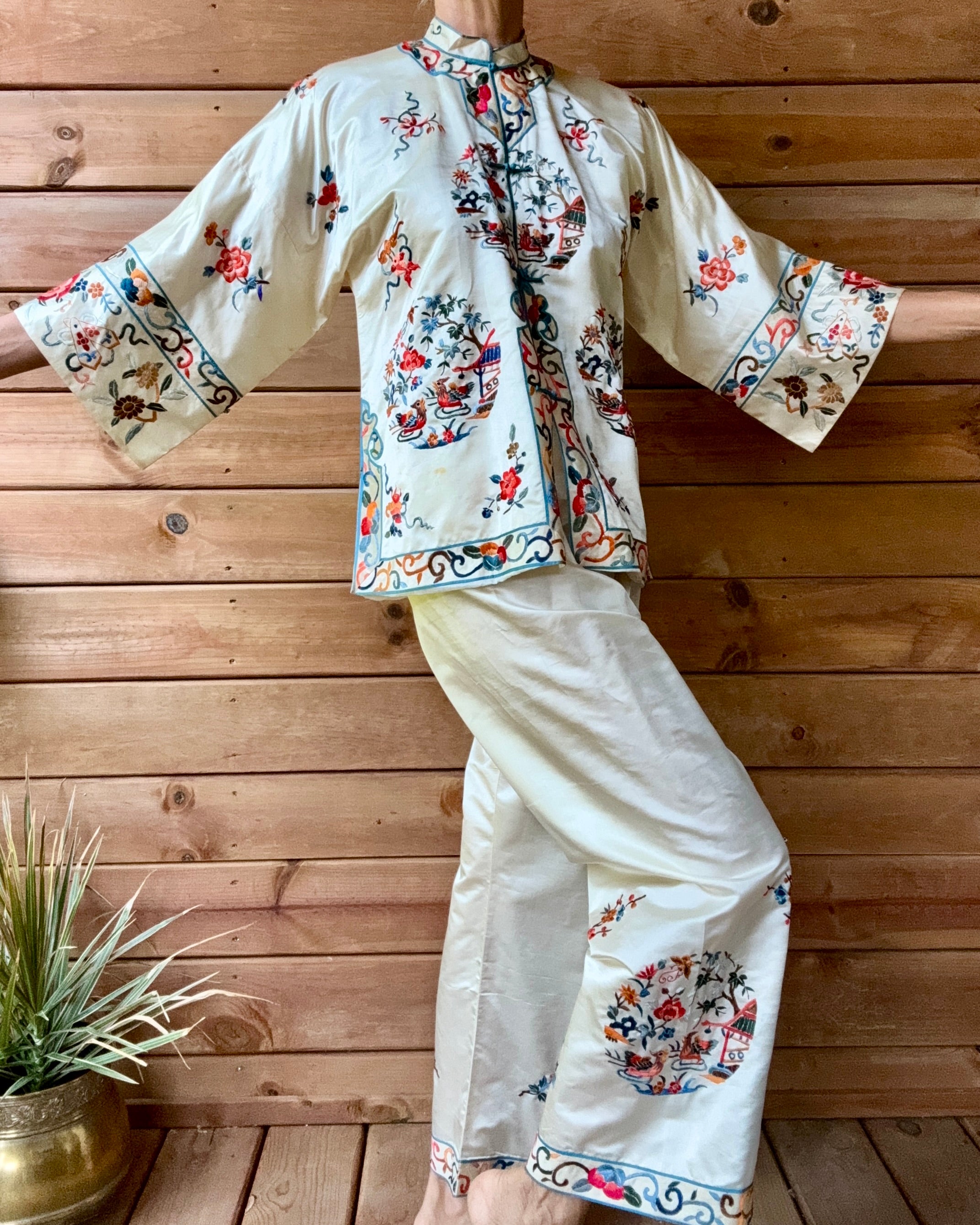 Vintage 1950s Deadstock Chinese Botanical Embroidered Ivory Silk Satin Pyjama Jacket and Pant Set S or M
